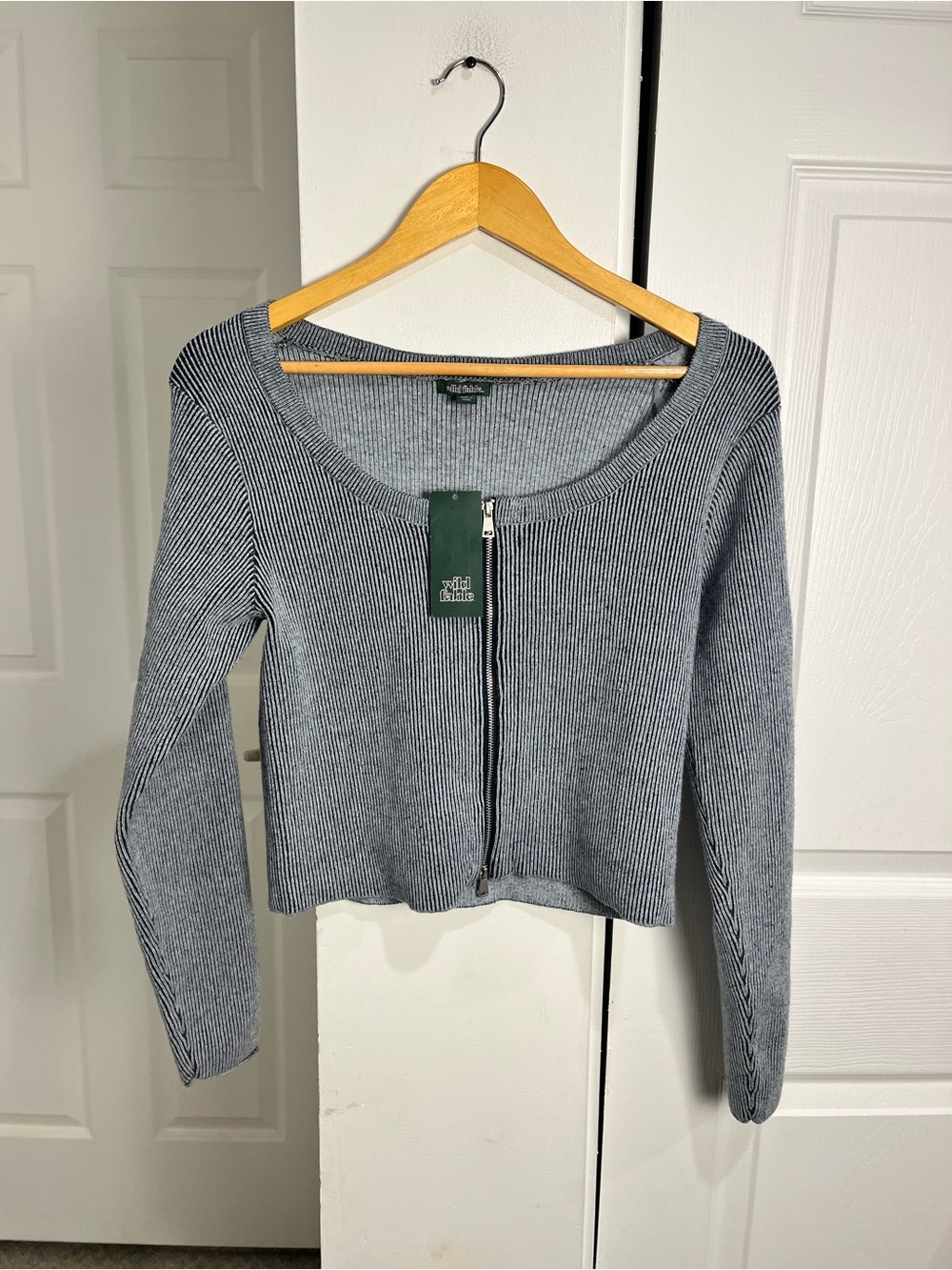 Wild Fable Ribbed Double Zipper Cropped Cardigan Size M Muted Navy Classic NWT